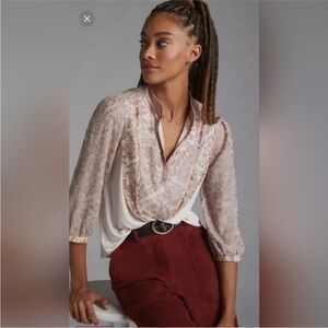 Anthropologie Tiny Embroidered Sleeve Top (S)